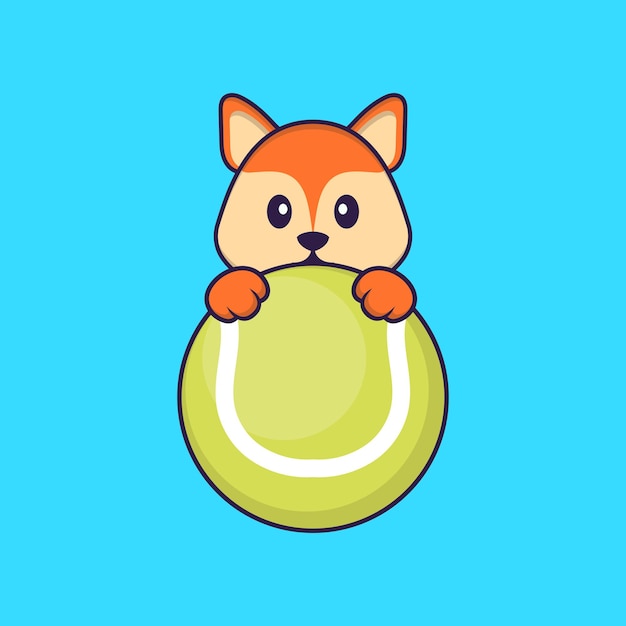 Cute fox playing tennis. Animal cartoon concept isolated. Flat Cartoon Style