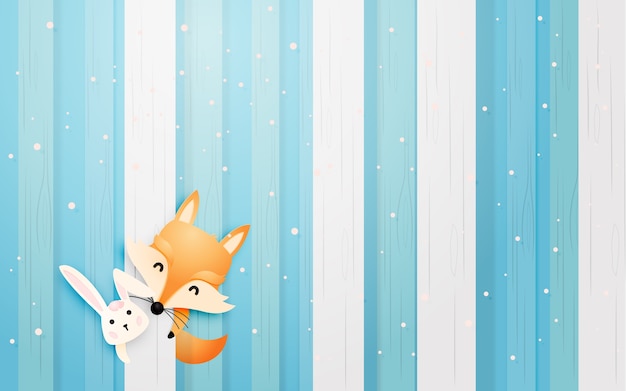 Vector cute fox and rabbit in the wood with paper art style pastel scheme vector illustration