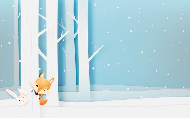 Cute fox and rabbit in the wood with paper art style pastel scheme vector illustration