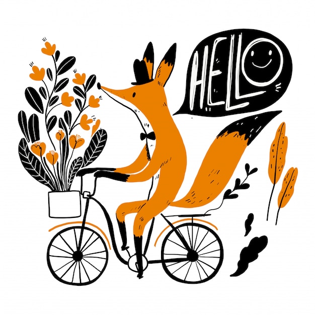 Cute fox riding a bike, collection of hand drawn.