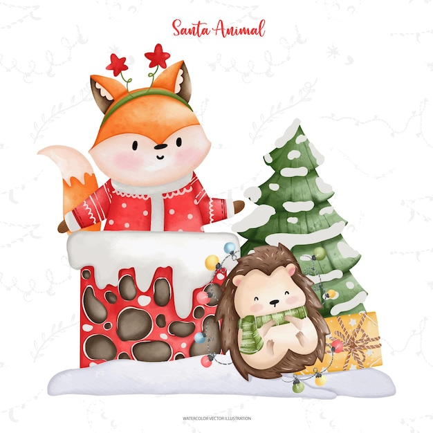 Vector cute fox in santa costume watercolor christmas season illustration christmas animal illustrationxdxa