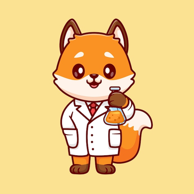 Cute Fox Scientist Holding Lab Tube Cartoon Vector Icon Illustration. Animal Science Isolated Flat