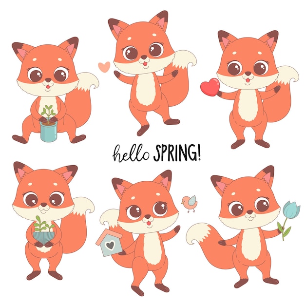 Cute fox set with spring flowers hearts plants