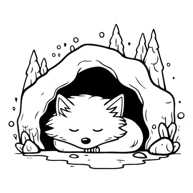 Cute fox sleeping in a cave Vector illustration in cartoon style