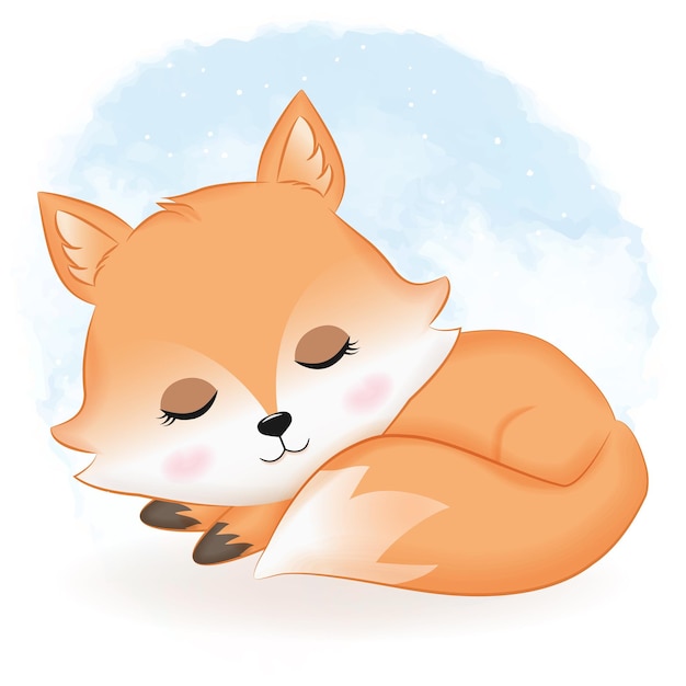 Cute fox sleeping hand drawn cartoon illustration watercolor background