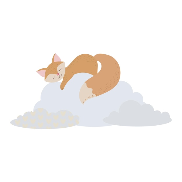 Cute fox sleeps on a cloud The red fox hides among the clouds Balloons and airship Children's illustration Cute print vector Isolated on a white background