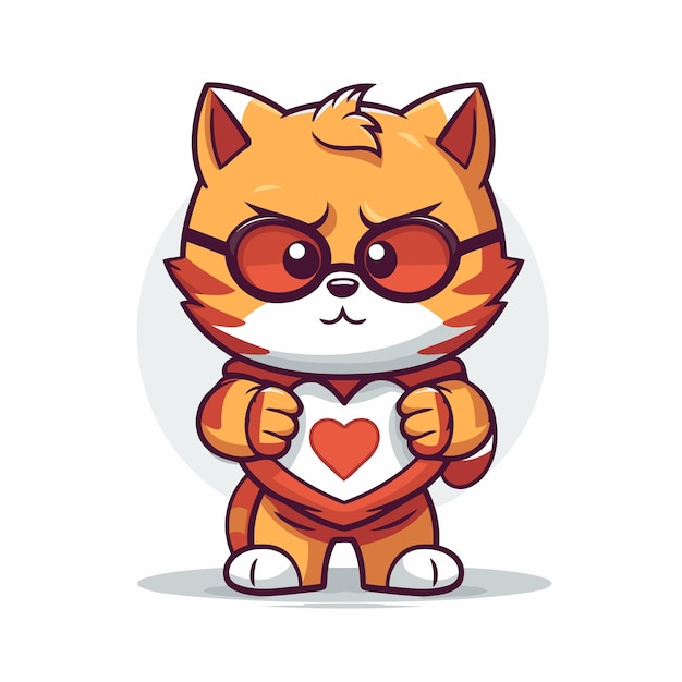 Cute fox in sunglasses holding heart Vector illustration on white background