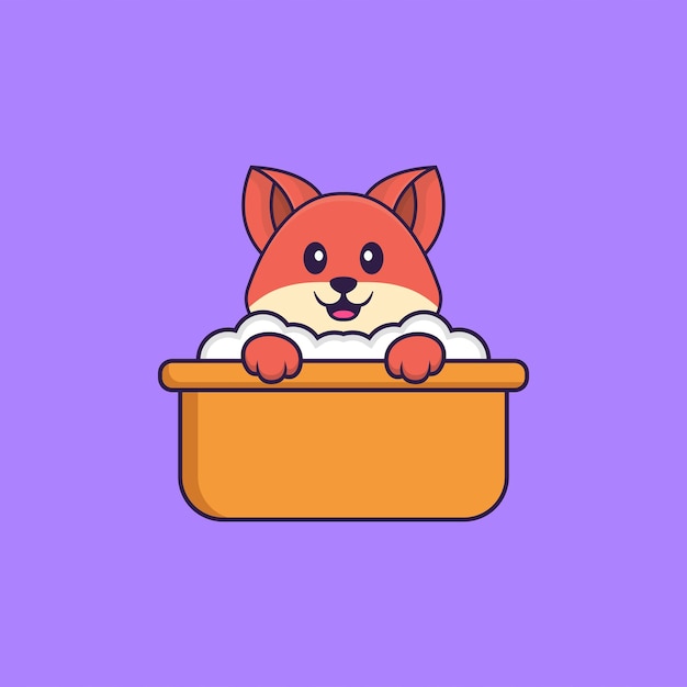 Vector cute fox taking a bath in the bathtub. animal cartoon concept isolated.