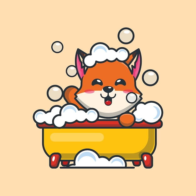 Cute fox taking bubble bath in bathtub Cute animal cartoon illustration