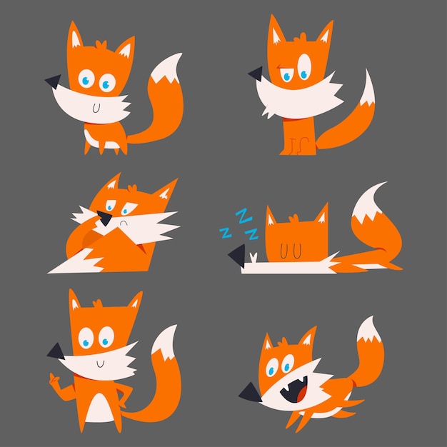 Vector cute fox vector cartoon characters set isolated on background.