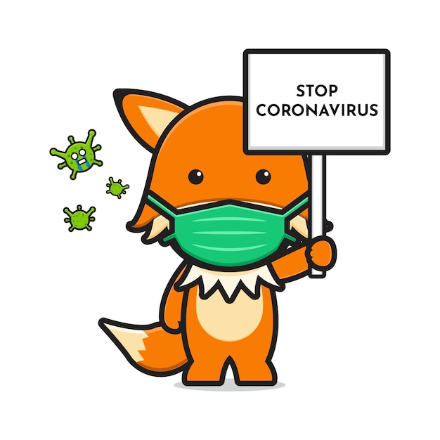 Cute fox wearing mask stop corona virus cartoon icon vector illustration. Design isolated on white. Flat cartoon style.