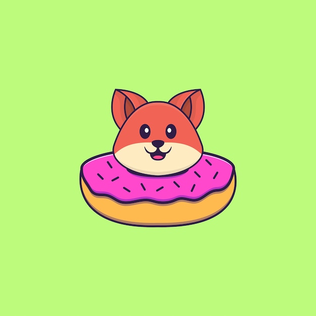 Cute fox with a donut on his neck. Animal cartoon concept isolated.