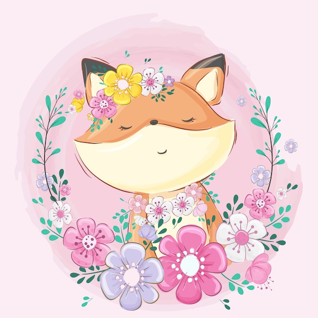 Cute fox with flower cartoon