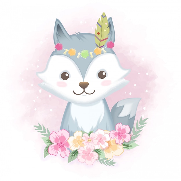 Cute fox with flowers hand drawn illustration