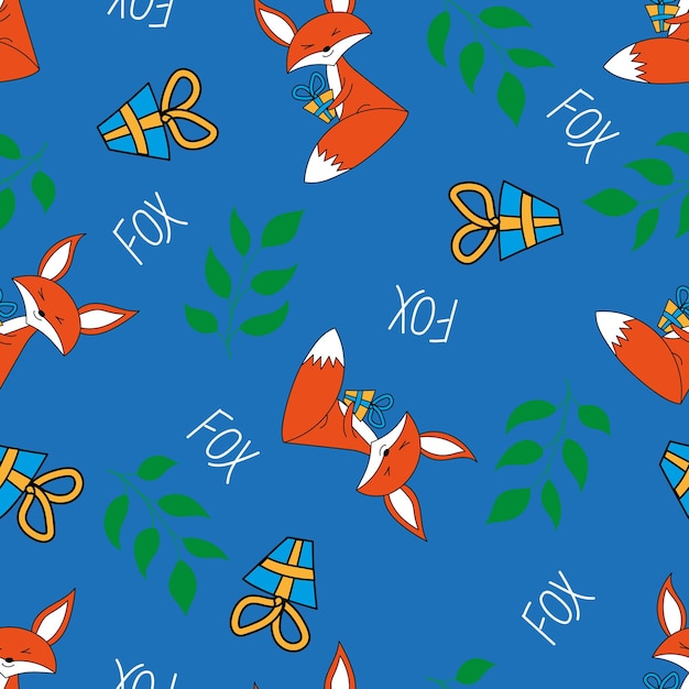 Cute fox with a gift Seamless flat pattern with hand lettering fox leaves and gift Handdrawn pattern Web packaging paper textiles wallpaper decoration of children's room clothesx9