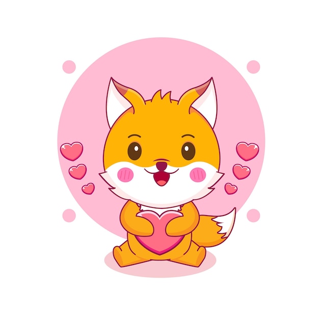 Cute fox with love heart cartoon character