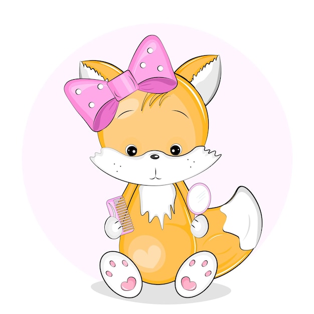 Cute fox with a mirror and a comb