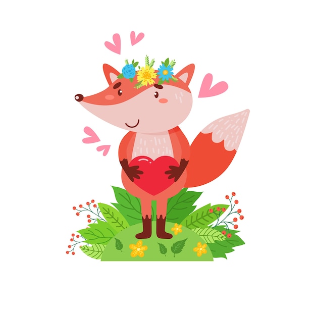 Cute fox in a wreath of flowers stands on a green lawn. simple illustration on an isolated background.