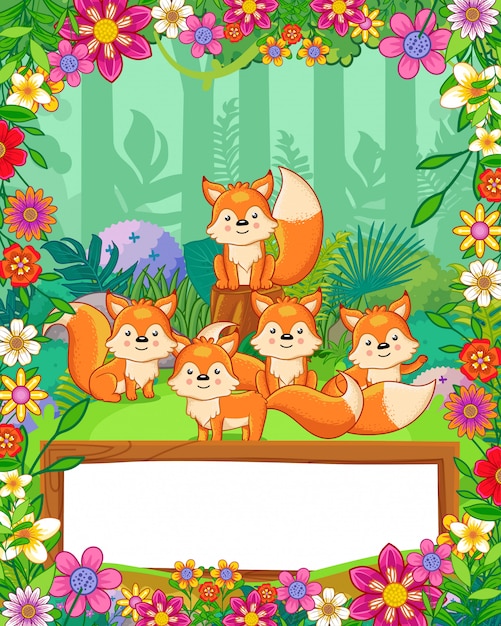 Cute foxes with flowers and wood blank sign in the forest. vector