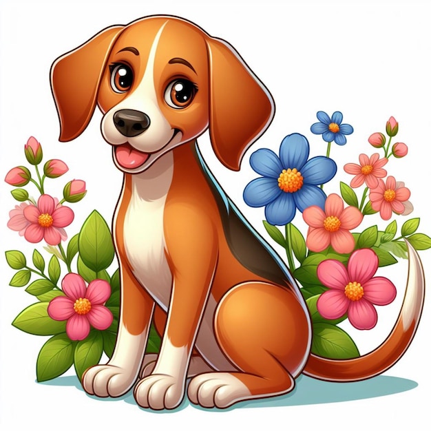 Вектор Милая собака-фоксхаунд и цветы векторная мультфильмная иллюстрация