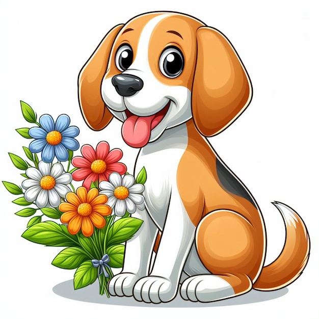 Милая собака-фоксхаунд и цветы векторная мультфильмная иллюстрация