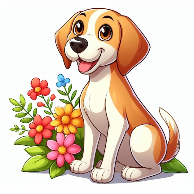 Cute Foxhound Dog and Flowers Vector Cartoon illustration