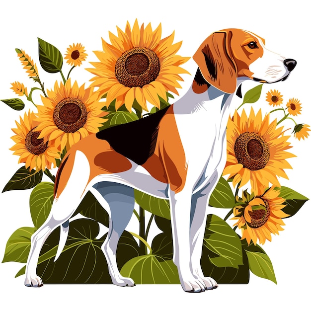 Cute Foxhound dog and Sunflowers cartoon Vector Style white background