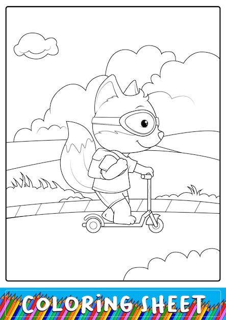 Cute foxs rides a scooter for kids coloring sheet