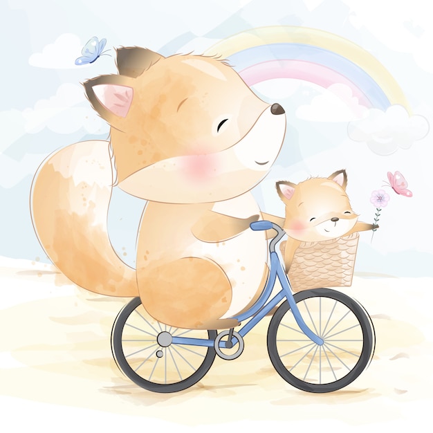 Vector cute foxy father and son riding a bicycle
