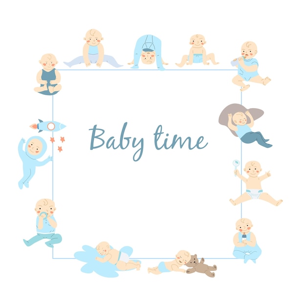 Cute frame for baby boy in flat design isolated