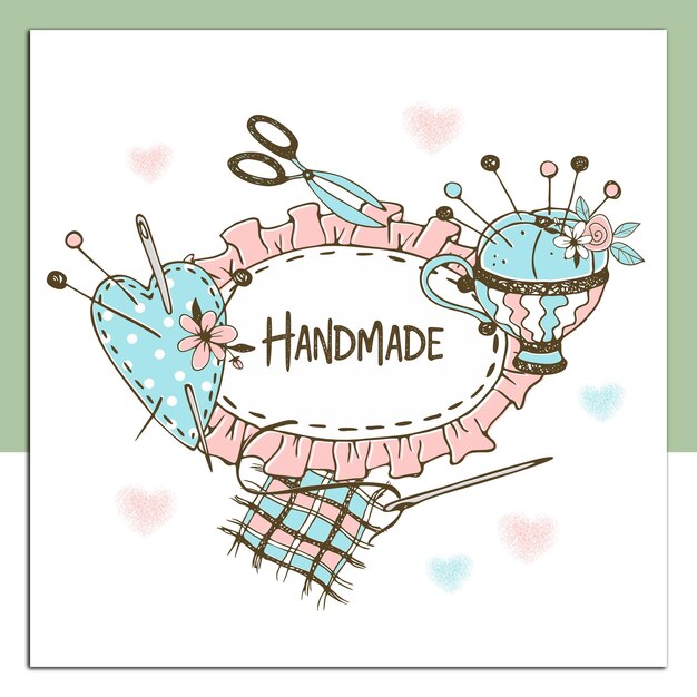 Cute frame with ruffle in Doodle style with sewing accessories Vector