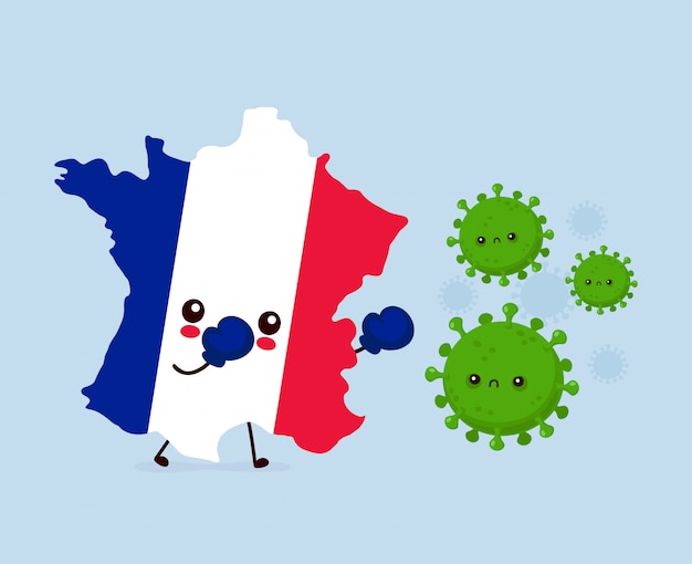 귀여운 프랑스는 코로나 바이러스 감염과 싸 웁니다. 평면 스타일 만화 캐릭터 일러스트
