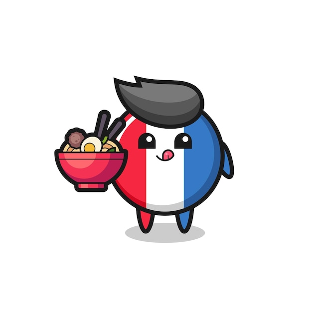 麺を食べるかわいいフランス国旗バッジキャラクター