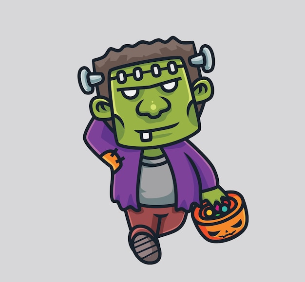 Vector cute frankenstein brings a candy pumpkin cartoon halloween concept isolated illustration