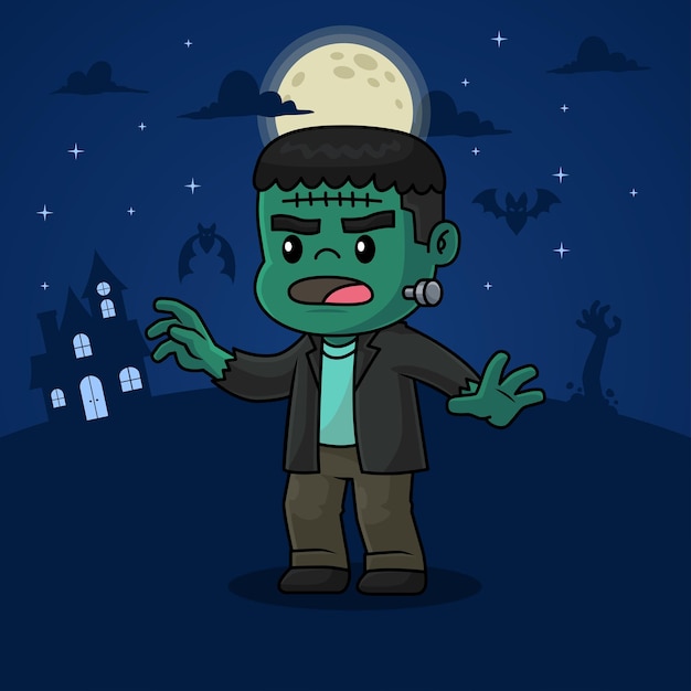 Vector cute frankenstein cartoon character in halloween night