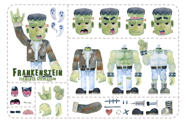 Vector cute frankenstein elements, dresses and expression, isolated halloween collection watercolor painting.