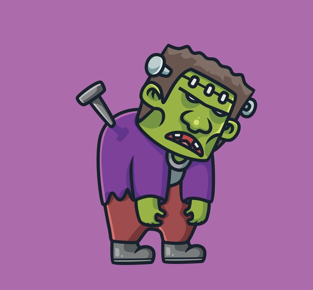 Cute frankenstein with giant nail cartoon halloween concept isolated illustration flat style