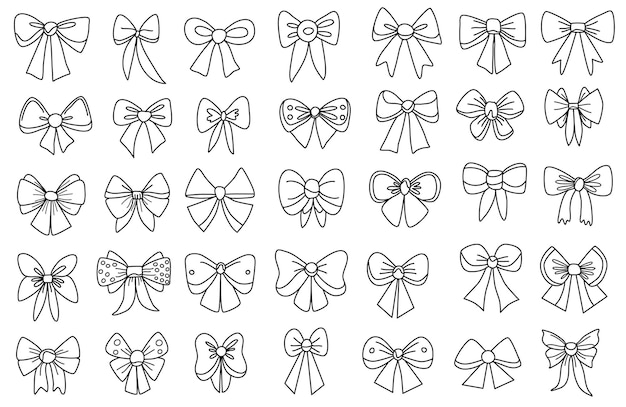 Vector cute freehand bow doodle black outline girl hair accessories and bow tie sketch