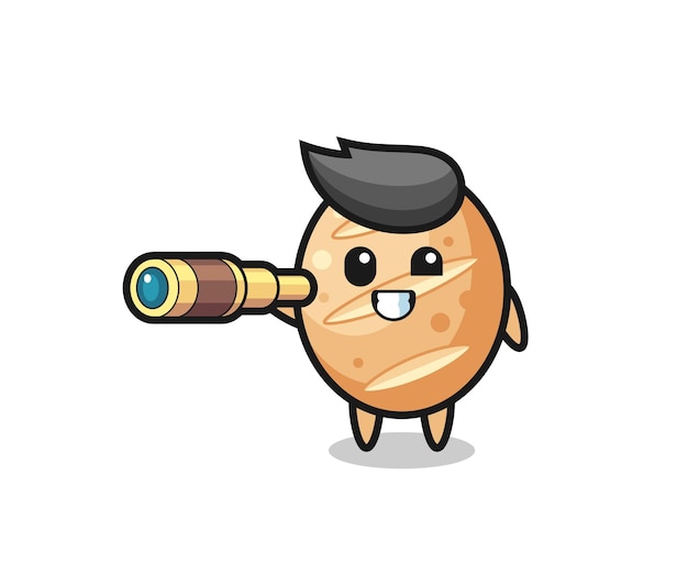 Vector cute french bread character is holding an old telescope