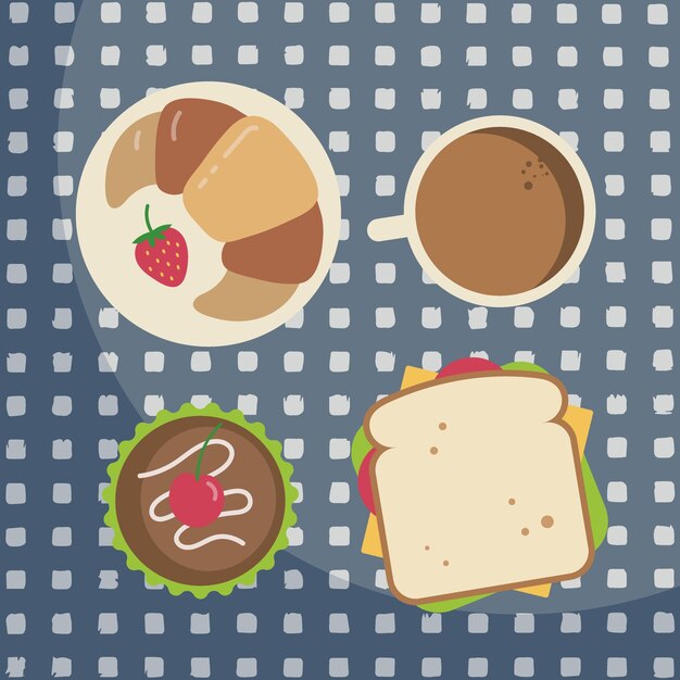 Vector cute french breakfast with a cup of coffee, cupcake, sandwich, and croissant