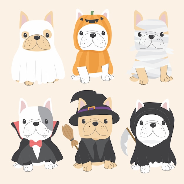Cute french bulldog dog in halloween costume flat style collection