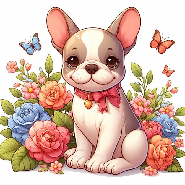 Cute French Bulldog Dogs amp Flower Vector Cartoon illustration