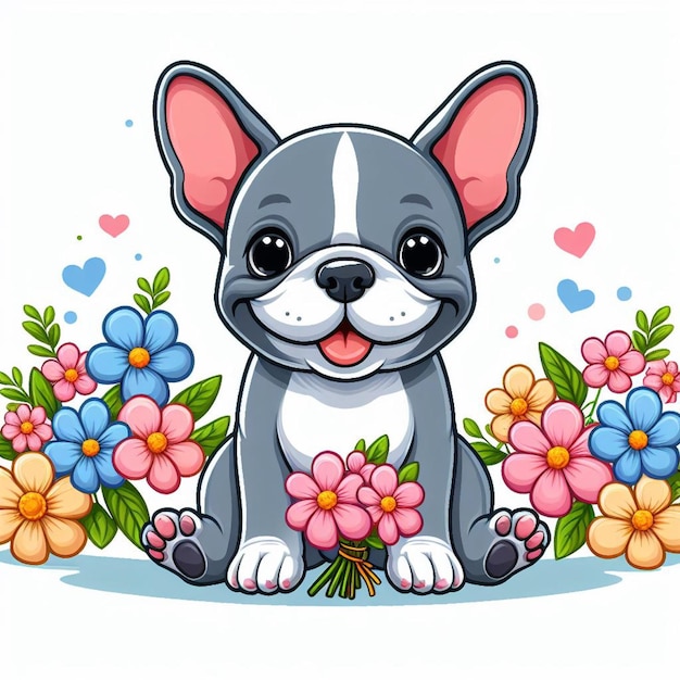 Vector cute french bulldog dogs amp flower vector cartoon illustration