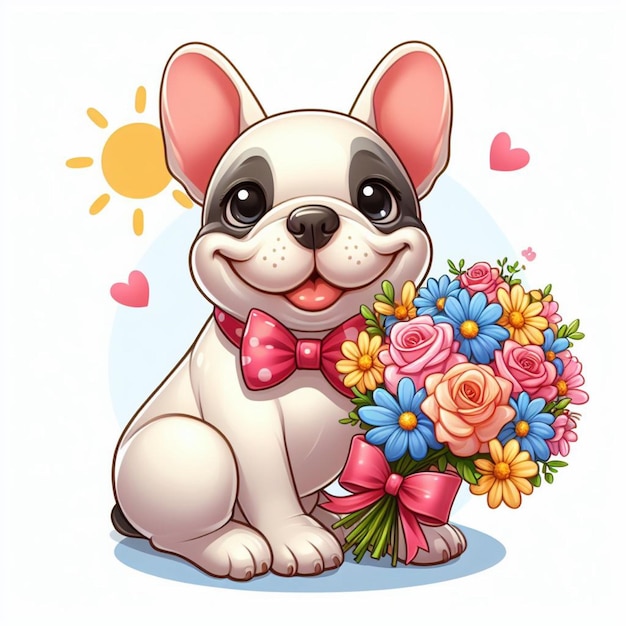 Cute French Bulldog Dogs amp Flower Vector Cartoon illustration