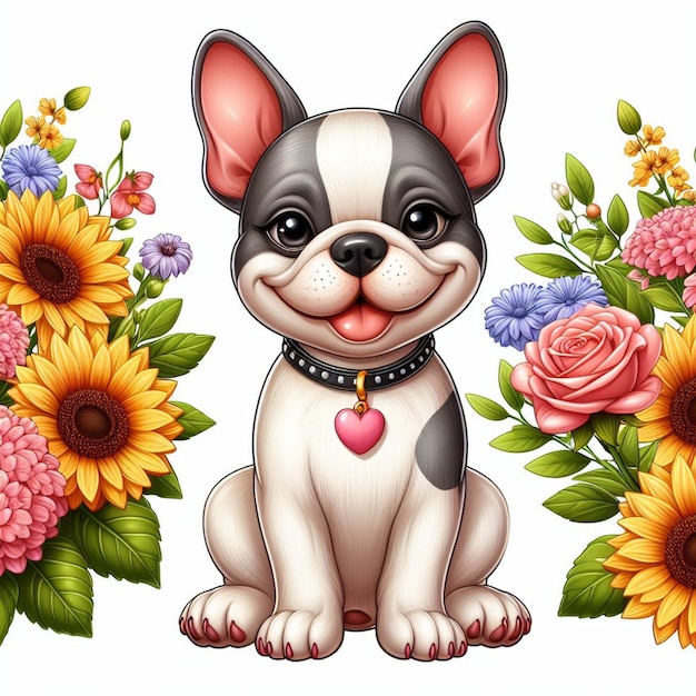 Cute French Bulldog Dogs amp Flower Vector Cartoon illustration