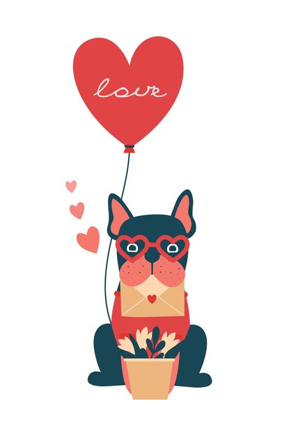Cute french bulldog in glasses sitting with balloon in shape of heart, love letter in teeth.