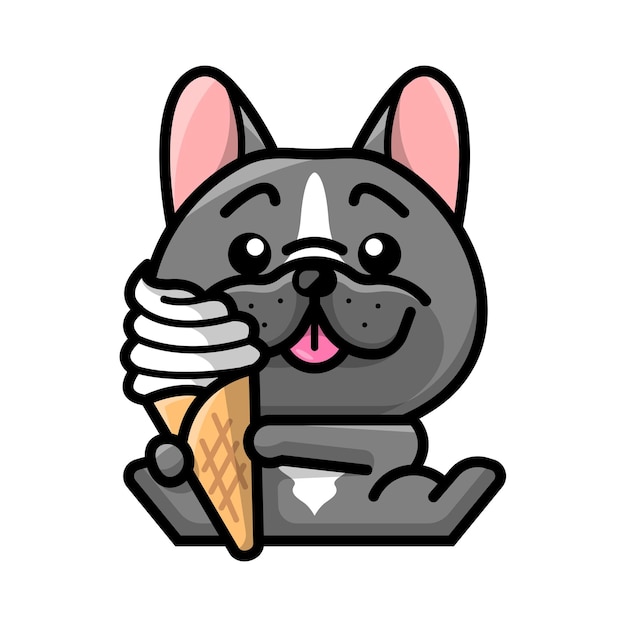 A cute french bulldog is holding a cone of ice cream cartoon illustration