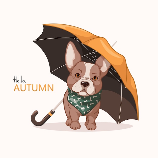 スカーフを身に着け、傘を持っているかわいいフレンチ ブルドッグの子犬。面白い漫画のキャラクター