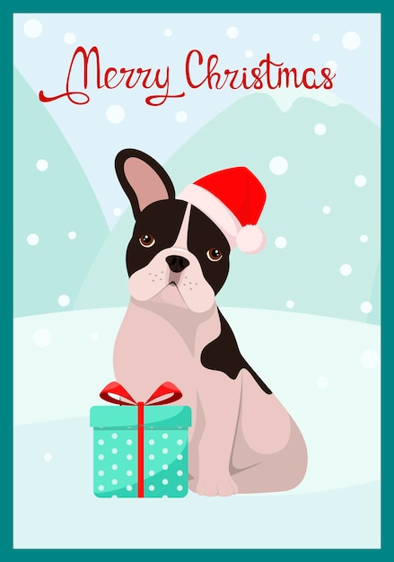 Cute French bulldog in a red hat with a gift. Christmas card with a dog.