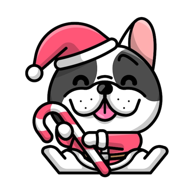 A CUTE FRENCH BULLDOG WITH CHRISTMAS COSTUME IS HOLDING A CANDY